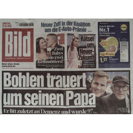 Bild Zeitung Samstag, 17 Januar 2026 - Bohlen trauert!