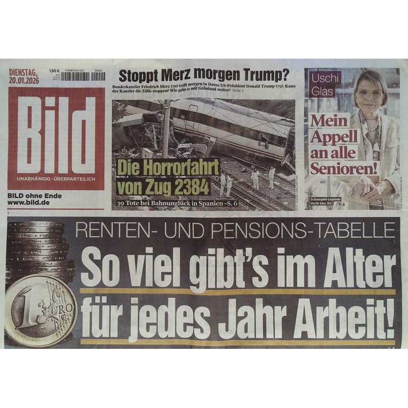 Bild Zeitung Dienstag, 20 Januar 2026 - Renten & Pensions Tabelle
