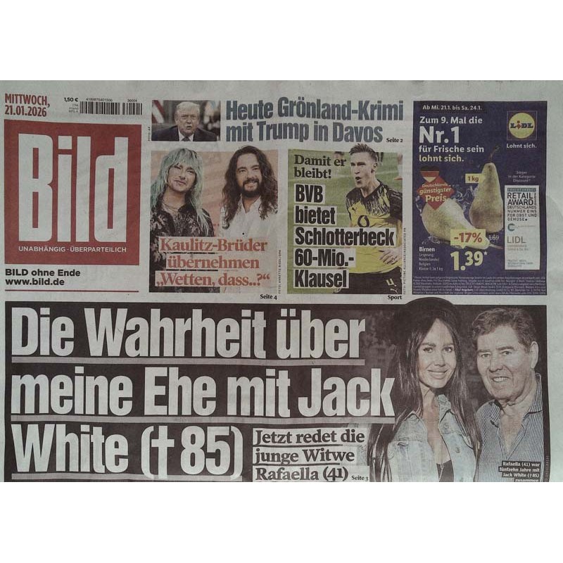 Bild Zeitung Mittwoch, 21 Januar 2026 - Witwe Rafaella redet!