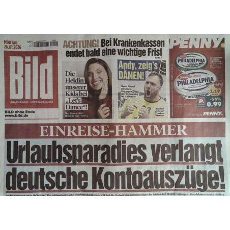 Bild Zeitung Montag, 26 Januar 2026 - Einreise Hammer