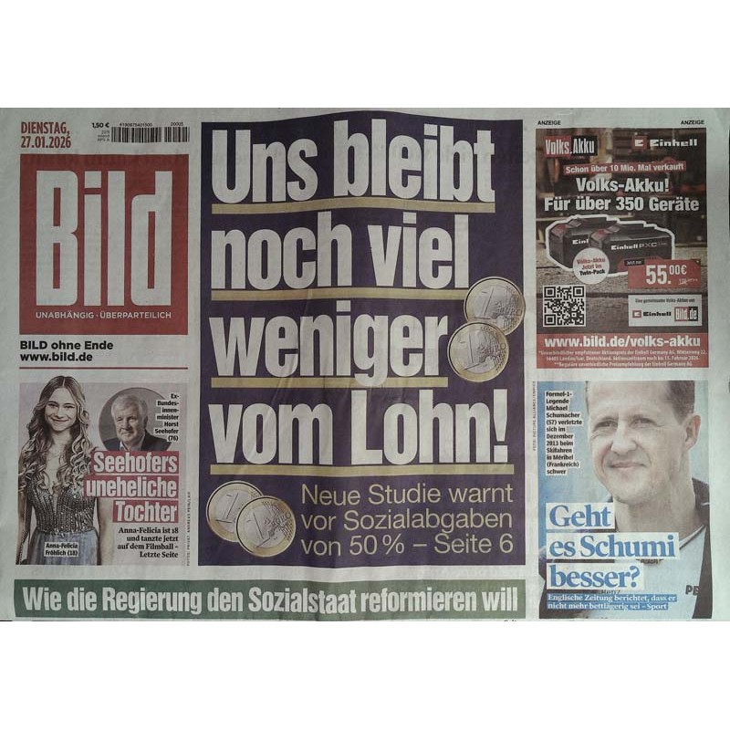 Bild Zeitung Dienstag, 27 Januar 2026 - Noch weniger Lohn!