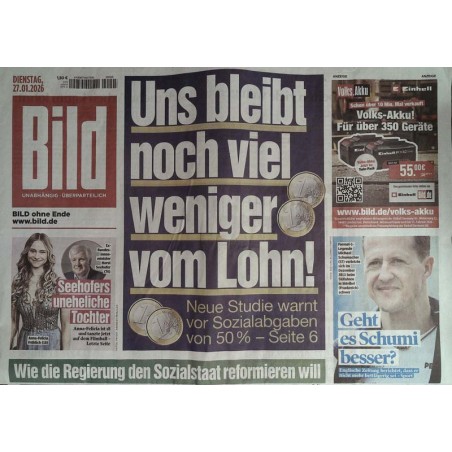 Bild Zeitung Dienstag, 27 Januar 2026 - Noch weniger Lohn!