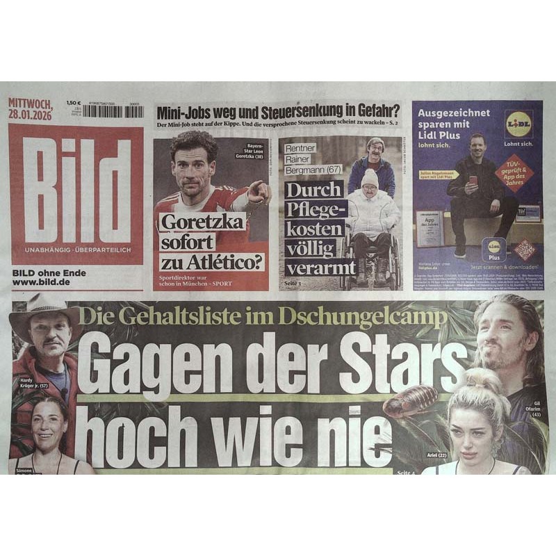 Bild Zeitung Mittwoch, 28 Januar 2026 - Gagen der Stars
