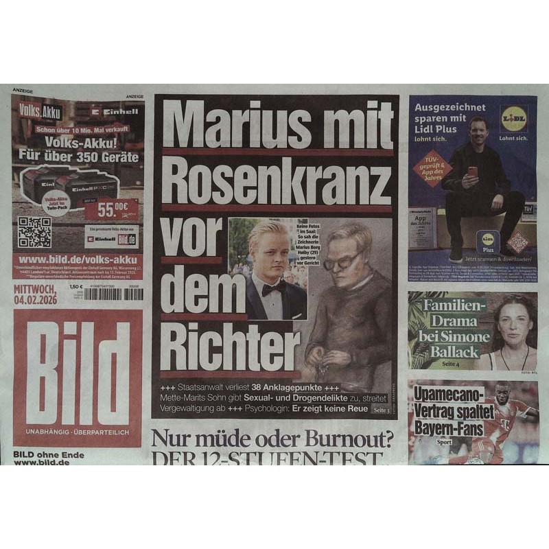 Bild Zeitung Mittwoch, 4 Februar 2026 - Marius mit Rosenkranz