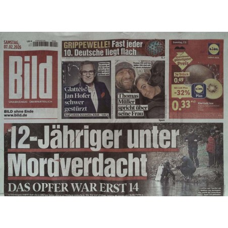 Bild Zeitung Samstag, 7 Februar 2026 - 12-Jähriger Mordverdacht