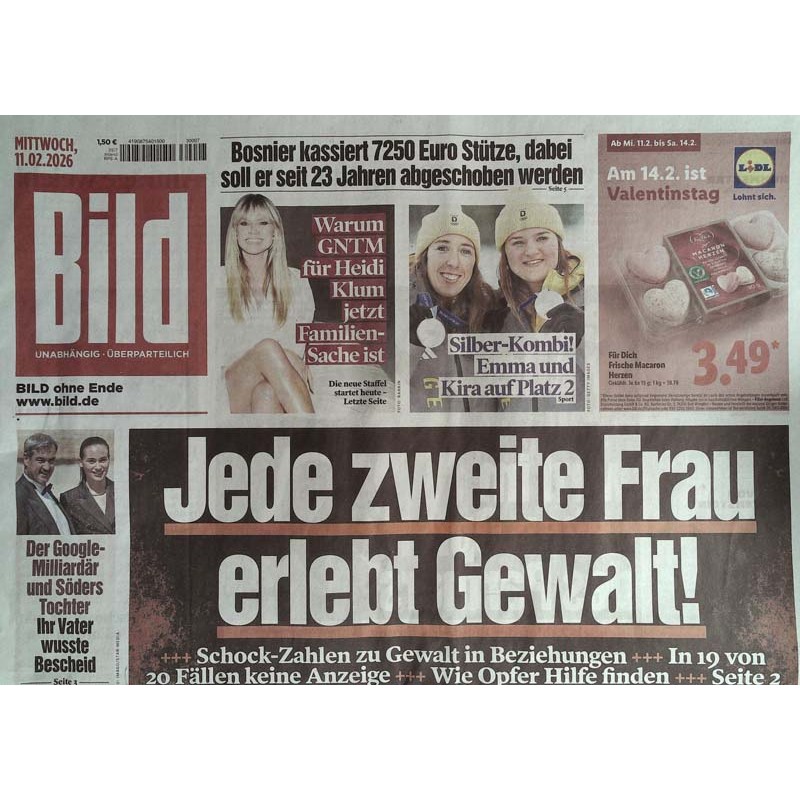 Bild Zeitung Mittwoch, 11 Februar 2026 - Gewalt bei Frauen