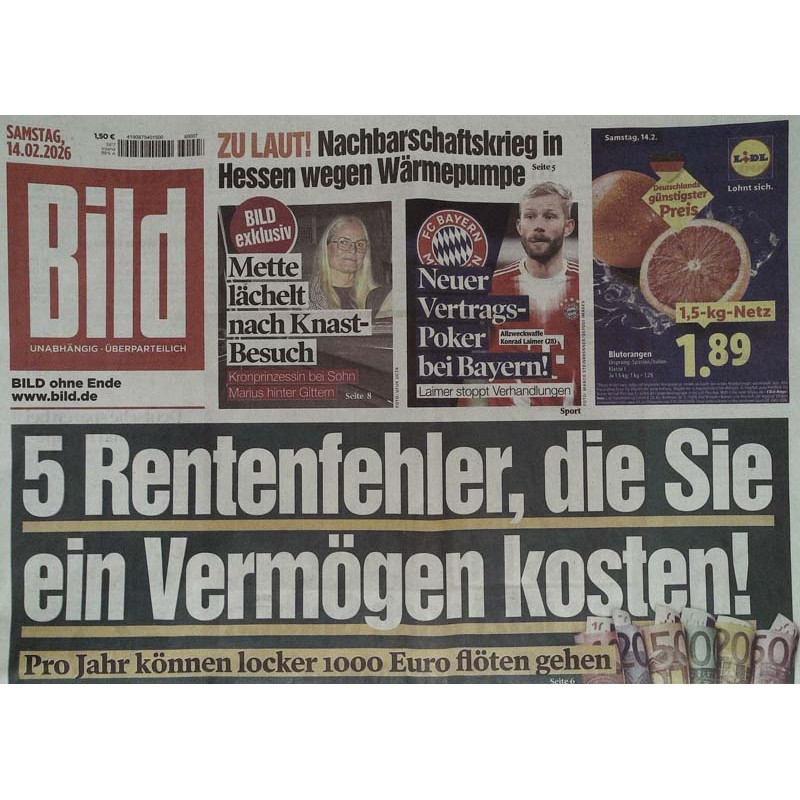 Bild Zeitung Samstag, 14 Februar 2026 - 5 Rentenfehler