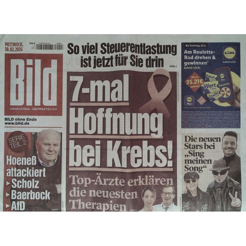 Bild Zeitung Mittwoch, 18 Februar 2026 - Hoffnung bei Krebs