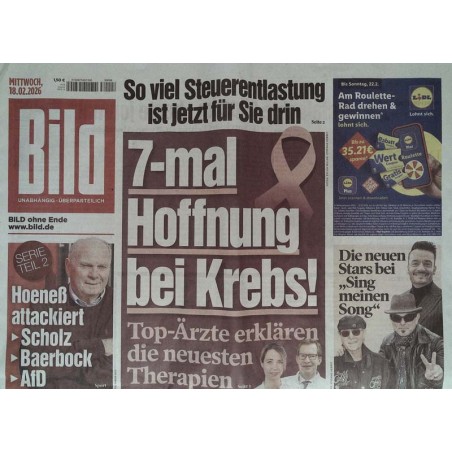 Bild Zeitung Mittwoch, 18 Februar 2026 - Hoffnung bei Krebs