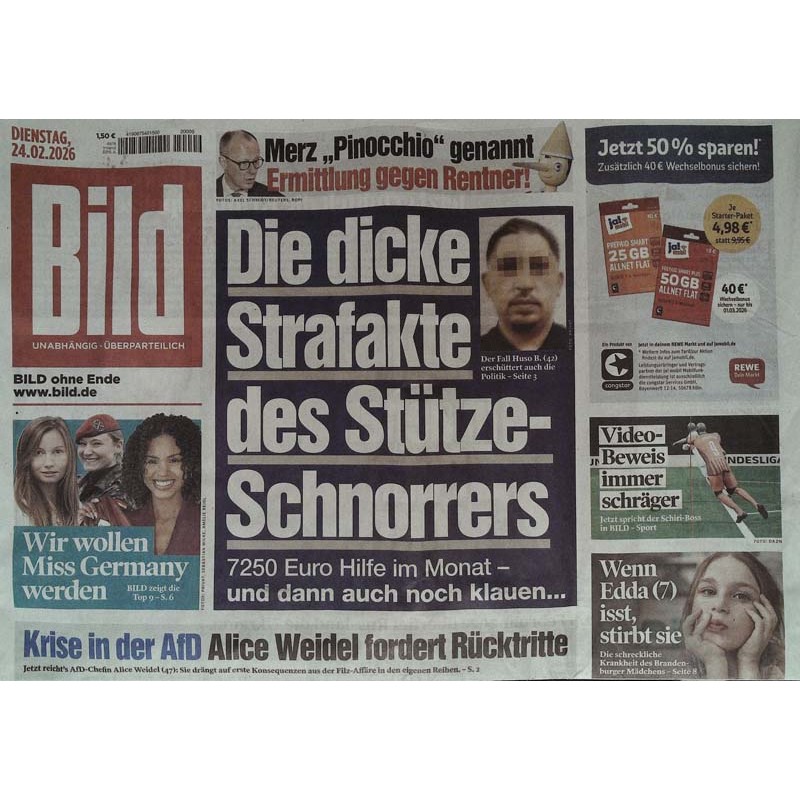 Bild Zeitung Dienstag, 24 Februar 2026 - Der Stütze-Schnorrer