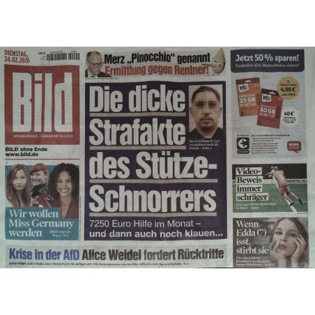 Bild Zeitung Dienstag, 24 Februar 2026 - Der Stütze-Schnorrer