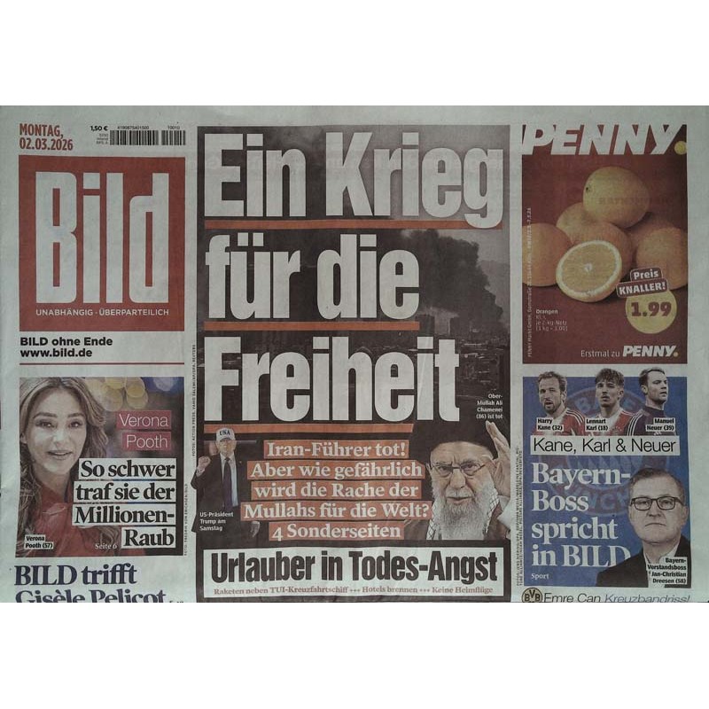 Bild Zeitung Montag, 2 März 2026 - Ein Krieg für die Freiheit