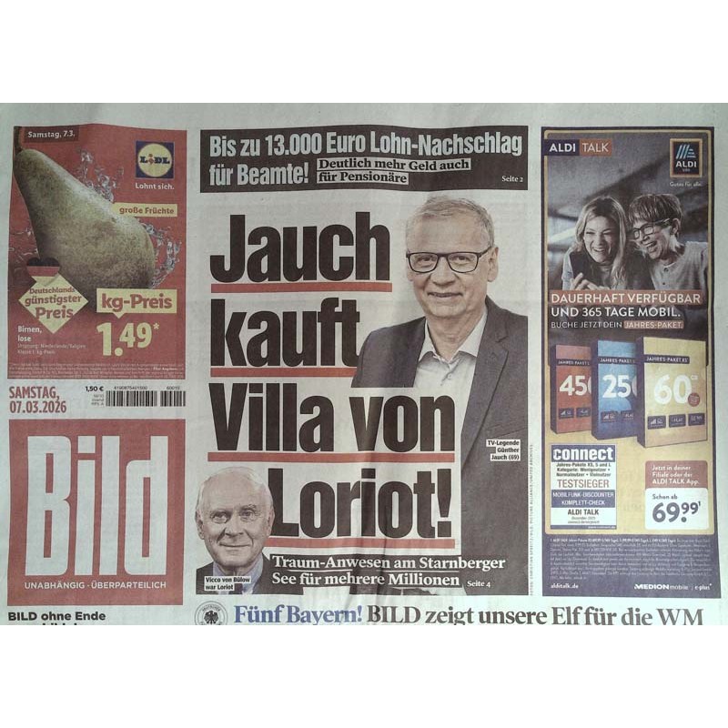 Bild Zeitung Samstag, 7 März 2026 - Jauch kauft Villa von Loriot!