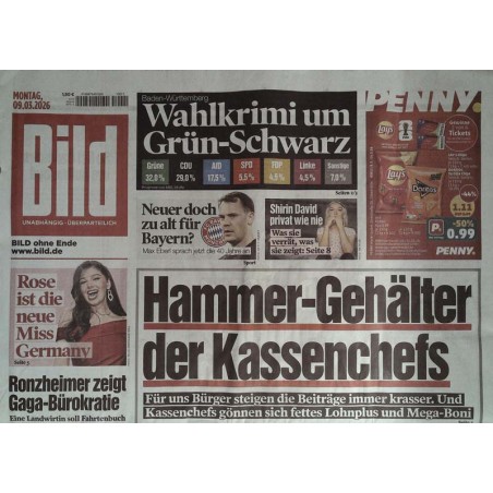 Bild Zeitung Montag, 9 März 2026 - Hammer Gehälter für Kassenchefs