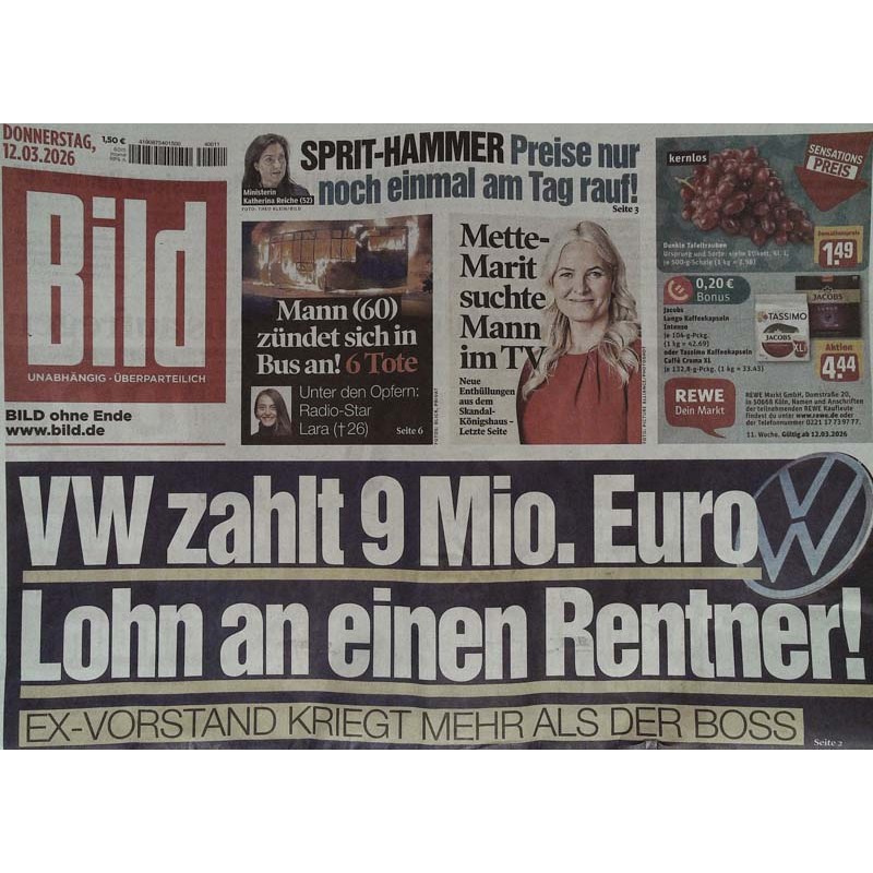 Bild Zeitung Donnerstag, 12 März 2026 - VW zahlt 9 Millionen!