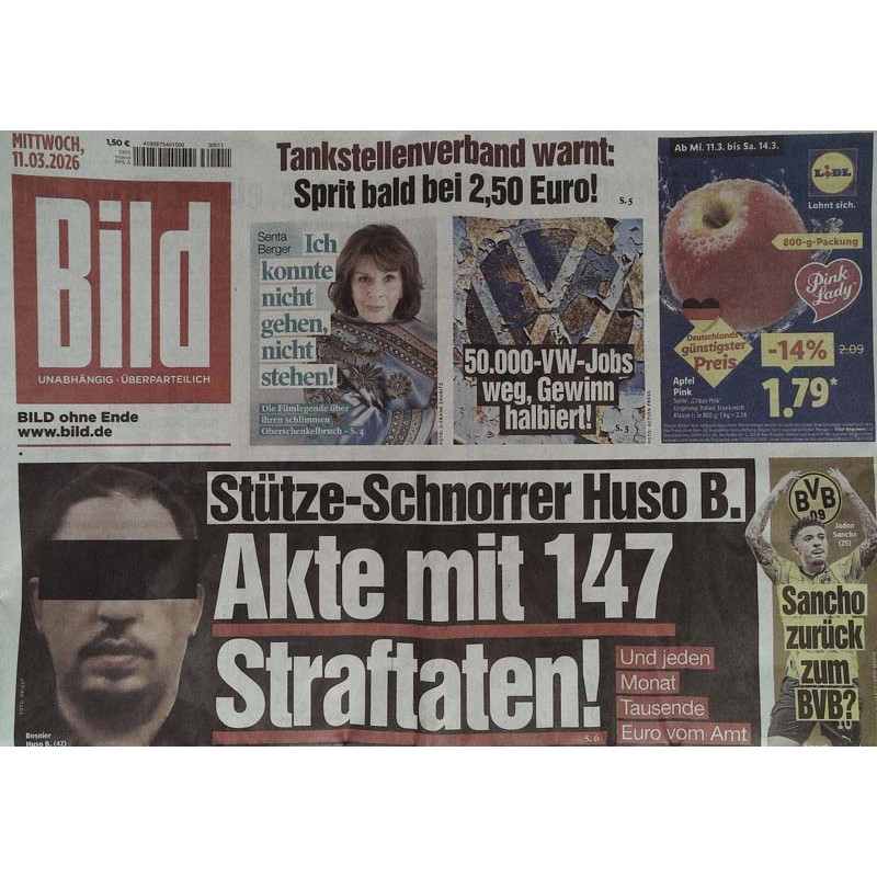 Bild Zeitung Mittwoch, 11 März 2026 - Stütze Schnorrer Huso B.