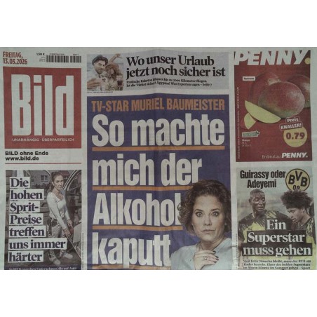 Bild Zeitung Freitag, 13 März 2026 - TV-Star Muriel Baumeister