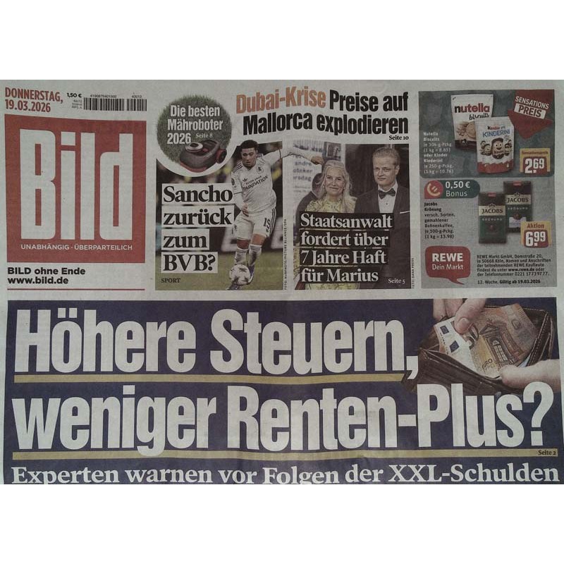 Bild Zeitung Donnerstag, 19 März 2026 - Höhere Steuern