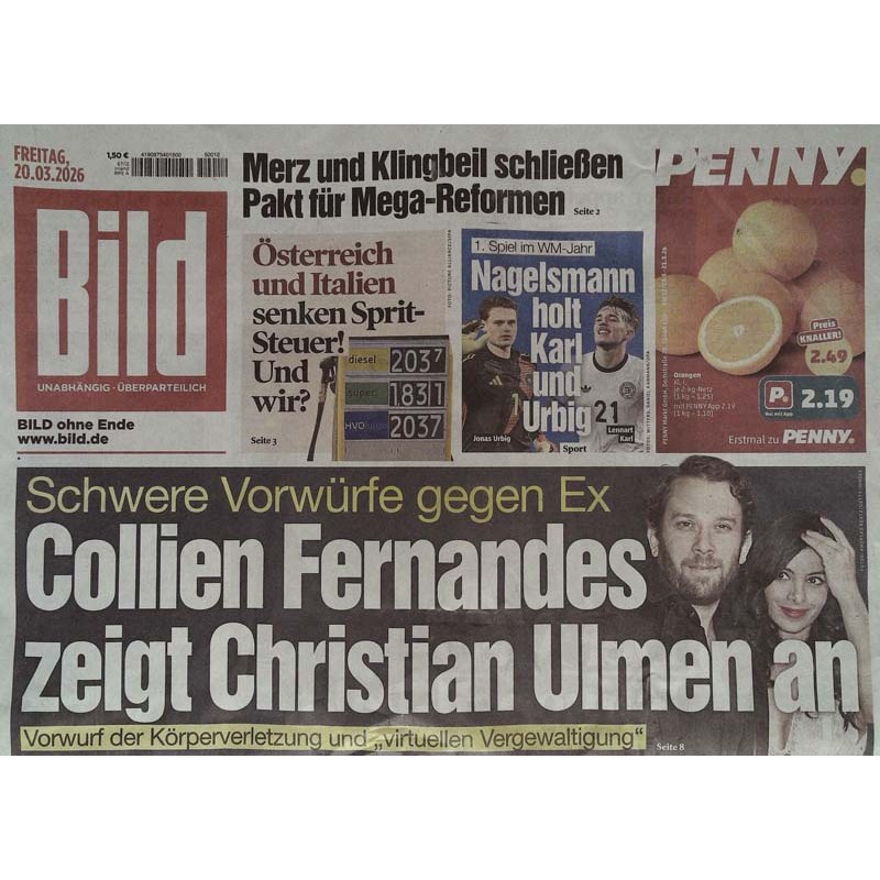 Bild Zeitung Freitag, 20 März 2026 - Collien Fernandes Anzeige