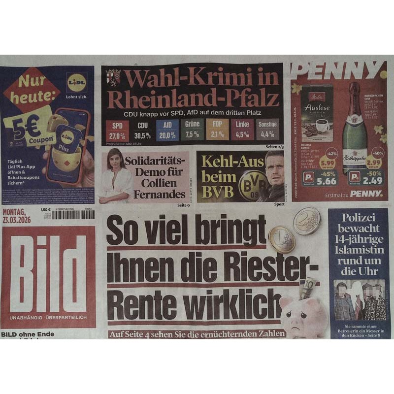 Bild Zeitung Montag, 23 März 2026 - So viel bringt die Riester-Rente