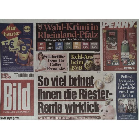 Bild Zeitung Montag, 23 März 2026 - So viel bringt die Riester-Rente