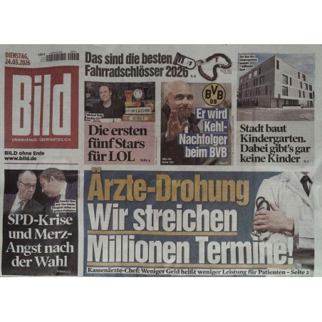 Bild Zeitung Dienstag, 24 März 2026 - Ärzte-Drohung