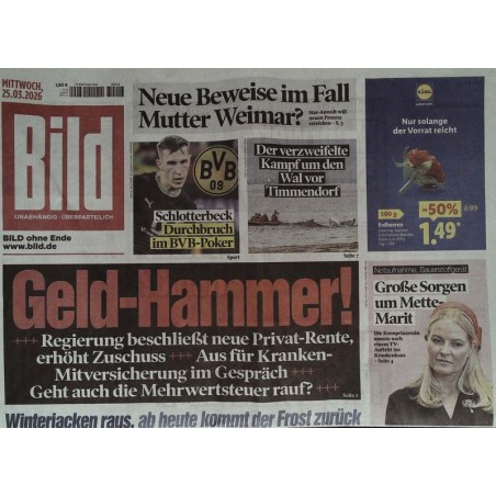 Bild Zeitung Mittwoch, 25 März 2026 - Geld-Hammer!