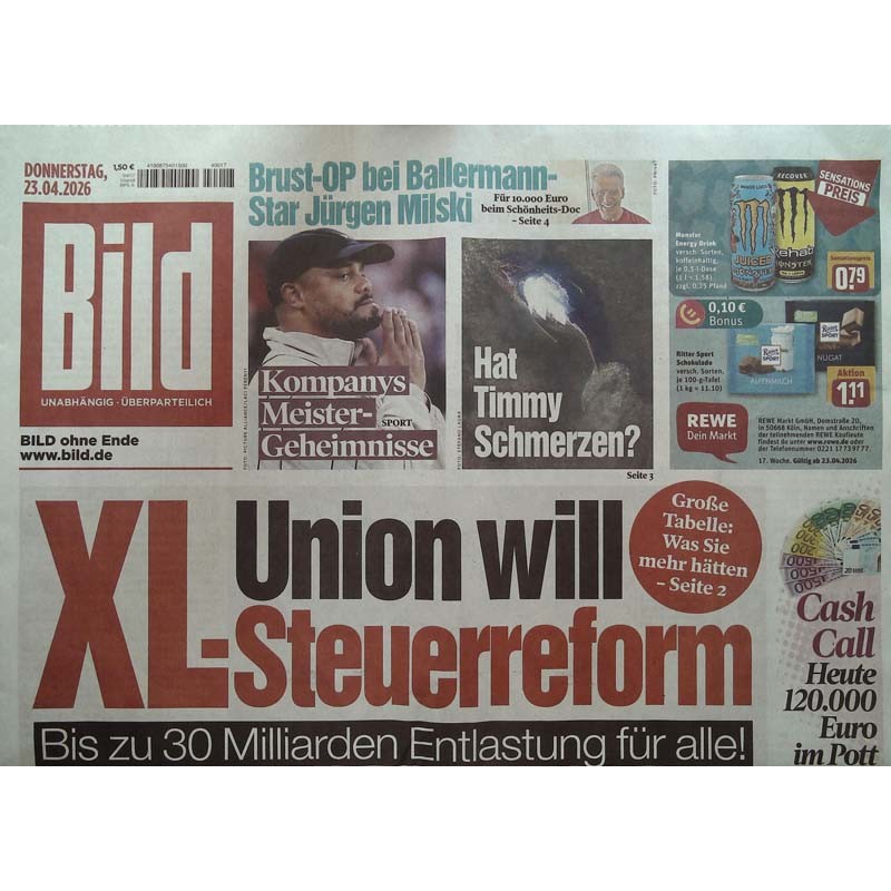Bild Zeitung Donnerstag, 23 April 2026 - XL-Steuerreform
