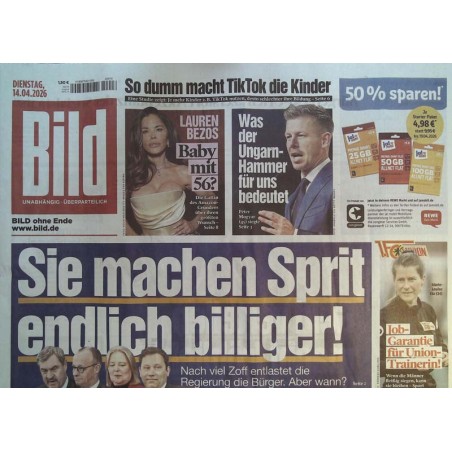Bild Zeitung Dienstag, 14 April 2026 - Sprit wird endlich billiger