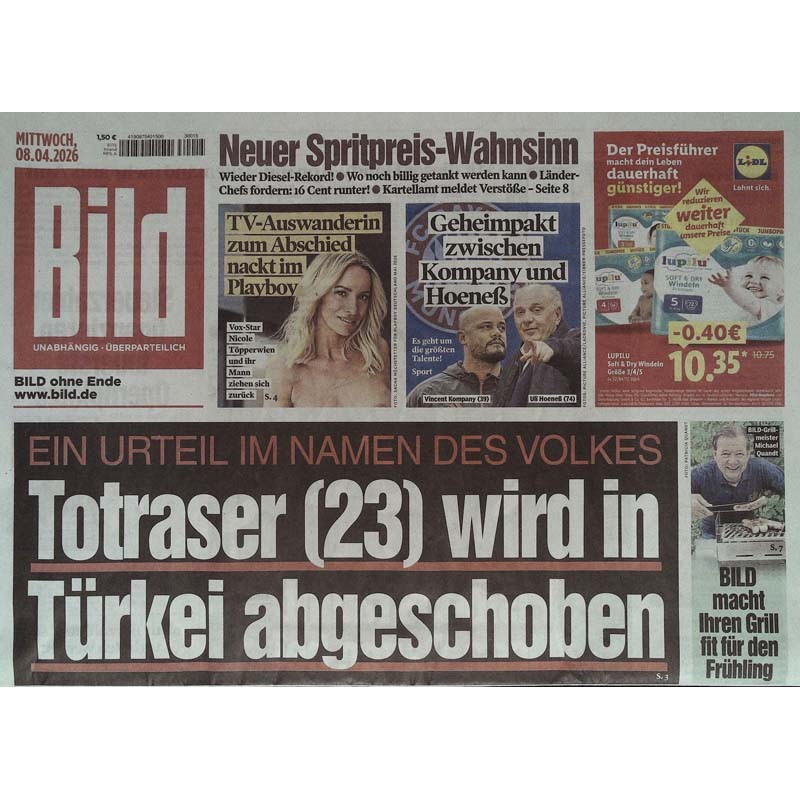 Bild Zeitung Mittwoch, 8 April 2026 - Totraser abgeschoben