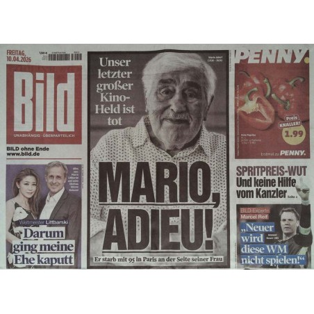 Bild Zeitung Freitag, 10 April 2026 - Mario Adorf, adieu!