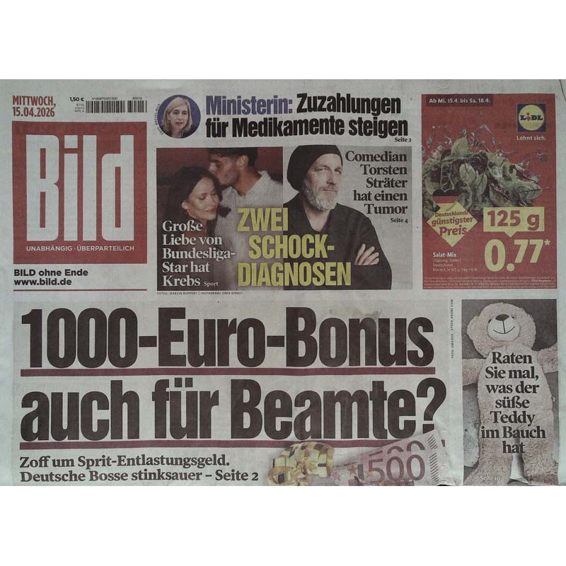Bild Zeitung Mittwoch, 15 April 2026 - 1000 Euro Bonus