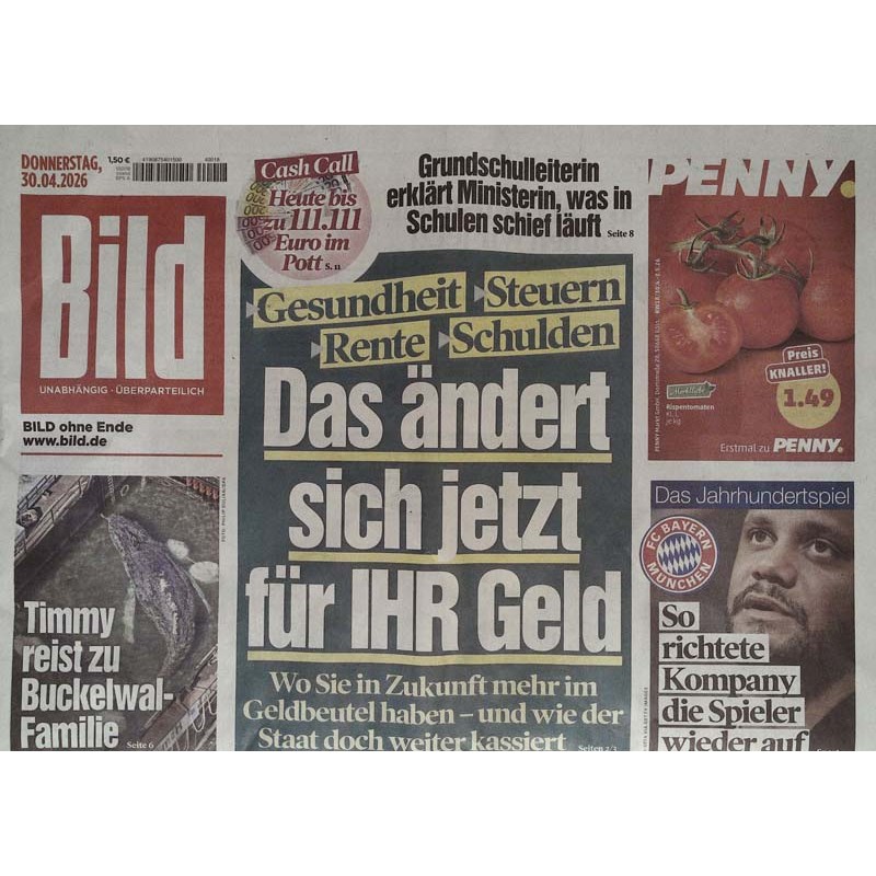 Bild Zeitung Donnerstag, 30 April 2026 - Geld, das ändert sich jetzt