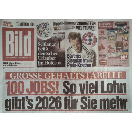 Bild Zeitung Dienstag, 28 April 2026 - Grosse Gehaltstabelle