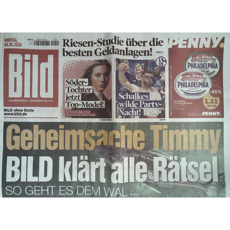 Bild Zeitung Montag, 4 Mai 2026 - Geheimsache Timmy