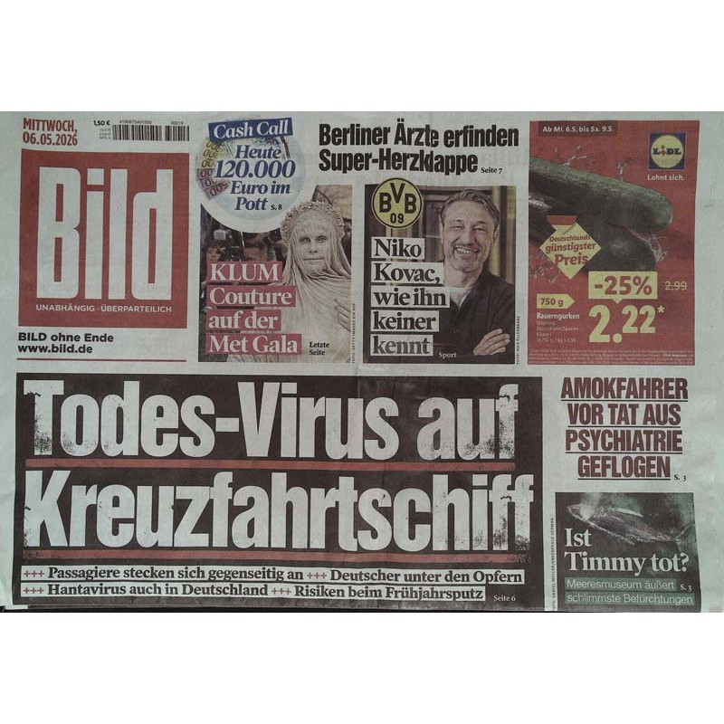 Bild Zeitung Mittwoch, 6 Mai 2026 - Todes-Virus Kreuzfahrtschiff