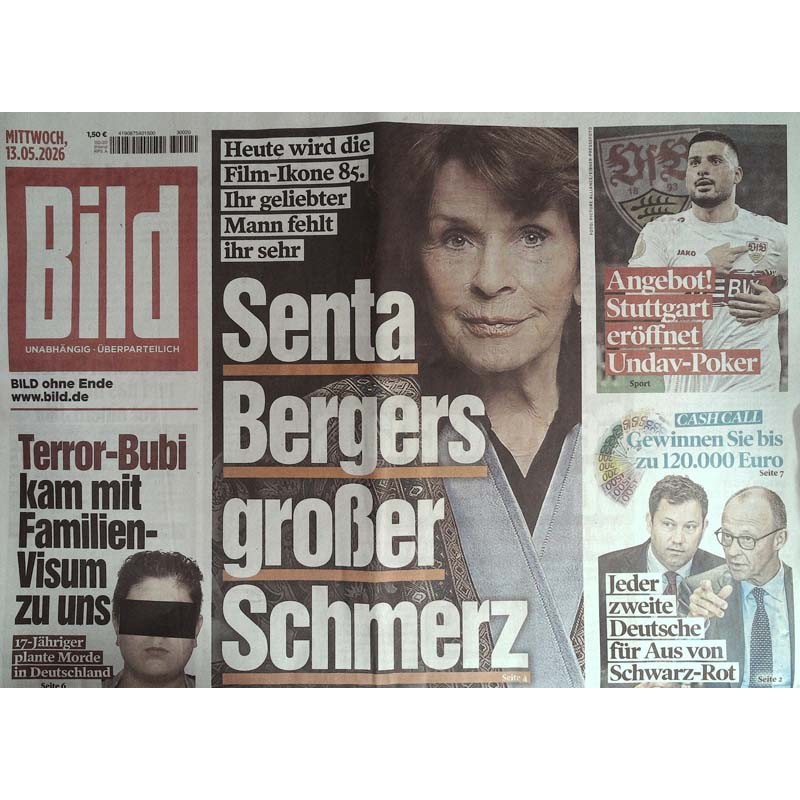 Bild Zeitung Mittwoch, 13 Mai 2026 - Senta Bergers großer Schmerz