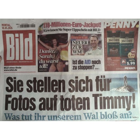 Bild Zeitung Montag, 18 Mai 2026 - Toter-Wal Timmy