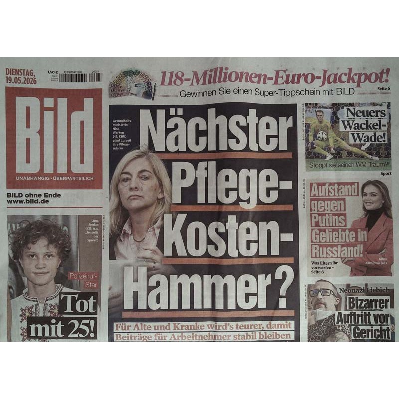 Bild Zeitung Dienstag, 19 Mai 2026 - Pflege-Kosten-Hammer?