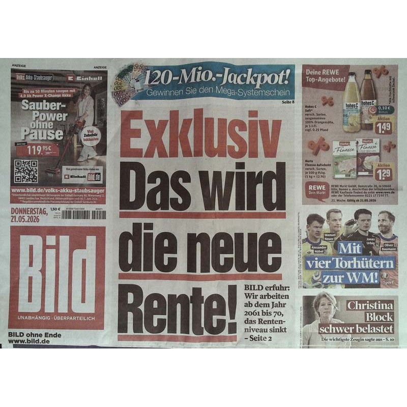 Bild Zeitung Donnerstag, 21 Mai 2026 - Das wird die neue Rente!