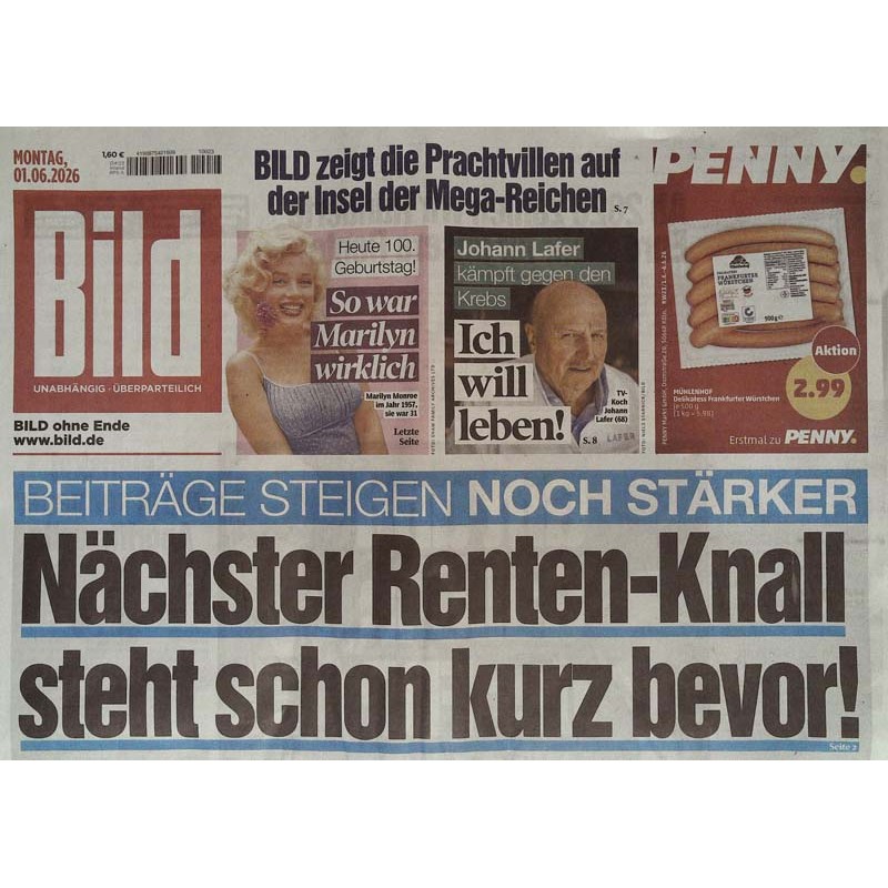 Bild Zeitung Montag, 1 Juni 2026 - Nächster Renten-Knall