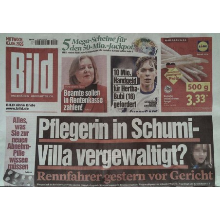 Bild Zeitung Mittwoch, 3 Juni 2026 - Pflegerin in Schumi Villa...