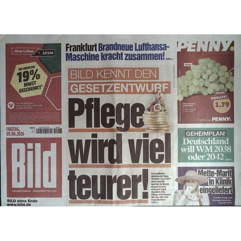 Bild Zeitung Freitag, 5 Juni 2026 - Pflege wird viel teurer!