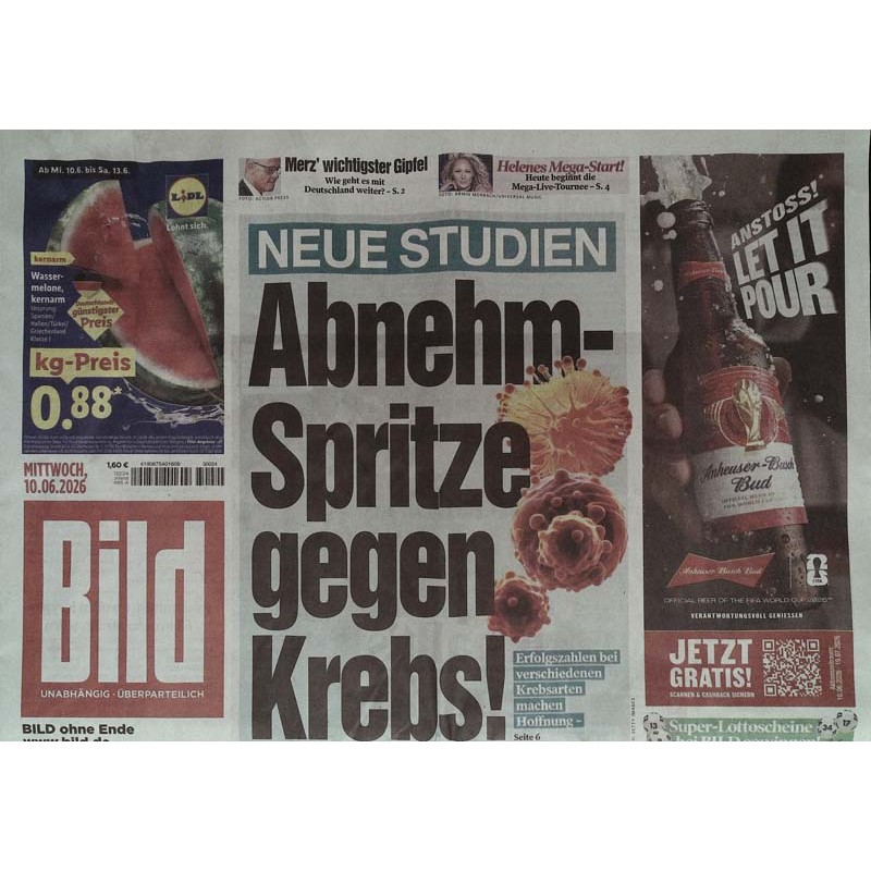Bildzeitung Mittwoch, 10 Juni 2026 - Abnehm-Spritze gegen Krebs