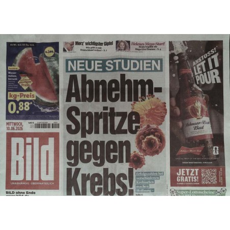 Bildzeitung Mittwoch, 10 Juni 2026 - Abnehm-Spritze gegen Krebs