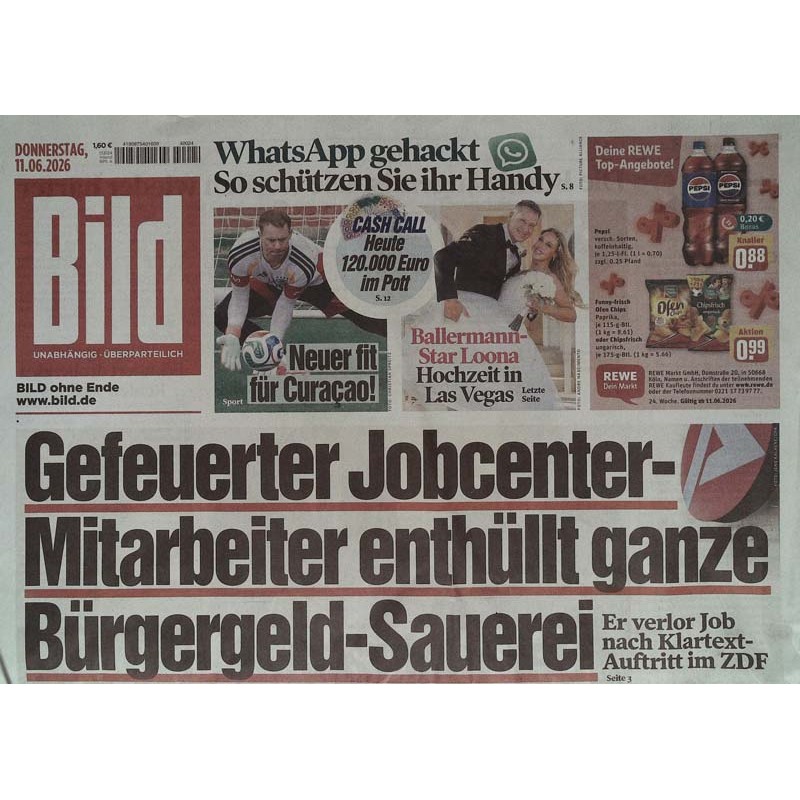 Bildzeitung Donnerstag, 11 Juni 2026 - Jobcenter Mitarbeiter