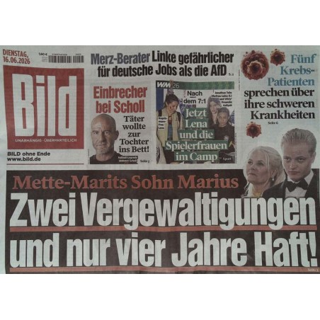 Bildzeitung Dienstag, 16 Juni 2026 - Marius nur 4 Jahre Haft!