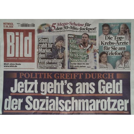 Bildzeitung Mittwoch, 17 Juni 2026 - Sozialschmarotzer