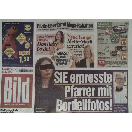 Bildzeitung Donnerstag, 18 Juni 2026 - Pfarrer mit Fotos erpresst!