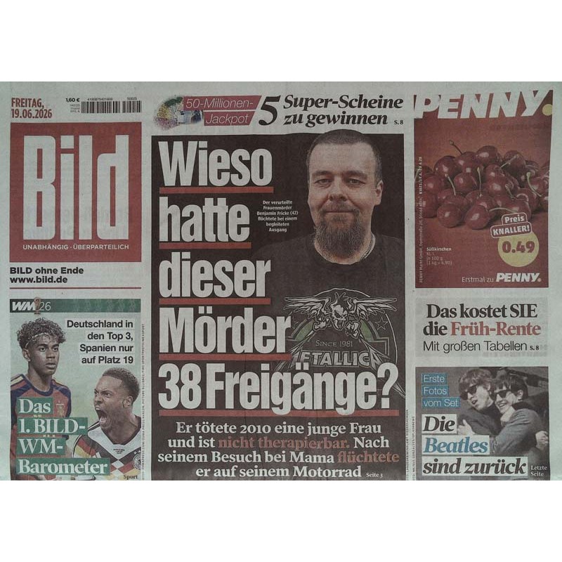 Bildzeitung Freitag, 19 Juni 2026 - Mörder mit 38 Freigänge